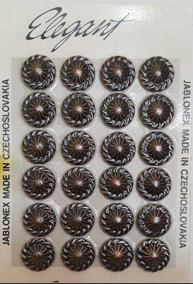 Button card of 24 black and gold glass buttons with a raised center and rope-like edge