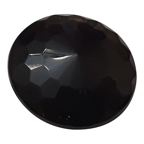 Close-up photo of a larger round black faceted glass button in 23mm size showing the full faceted dome against a white background.