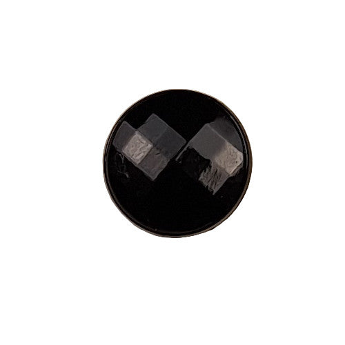 Black glass button, faceted round, 11.4mm