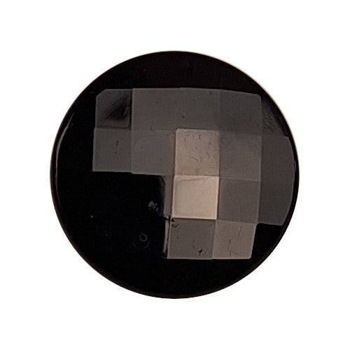 Round black glass button with square facets, 18mm/28L