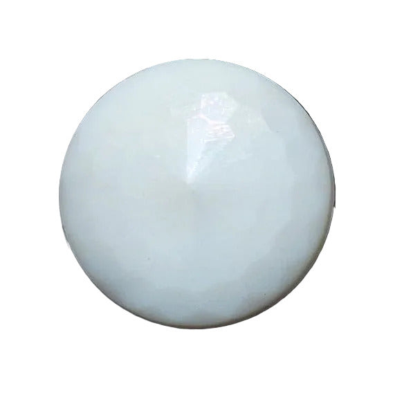 Close-up photo of a round white faceted glass button in the medium 18mm size with soft reflections highlighting the facets.