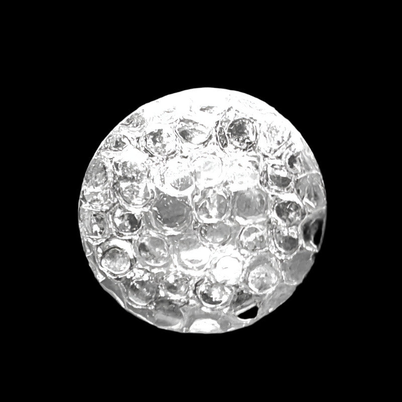 Close-up of clear silver-back mirrored glass button with crackle-textured surface, 11.4mm/18L.