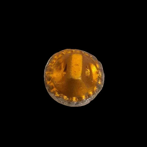 Back view of mirrored glass button with gold backing, showing serrated rim and molded shank attachment, 10mm size