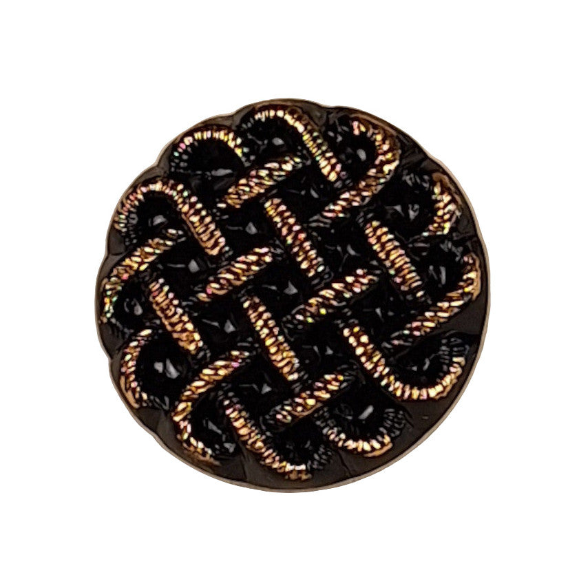 Black glass button with a raised woven rope pattern accented in gold luster, 18mm/28L.