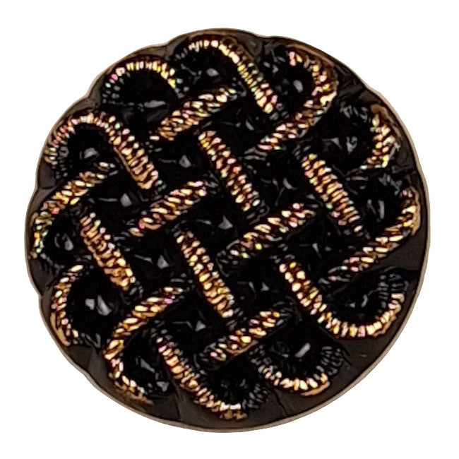 Black glass button with a raised woven rope pattern accented in gold luster, 29mm/45L.