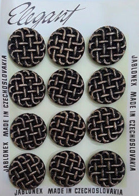 Button card of 12 black glass buttons with a raised woven rope pattern accented in gold luster, 29mm/45L.