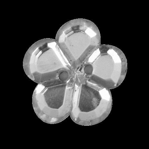 Mirrored glass button with 5-petal flower design and two-hole center, 18mm size, vintage Czechoslovakia, front view showing reflective surface