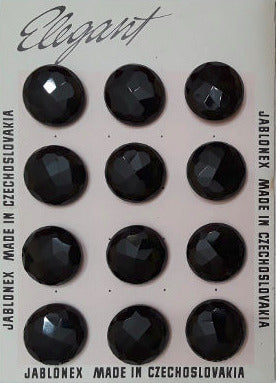 Button card of 12 faceted round black glass buttons, 23mm