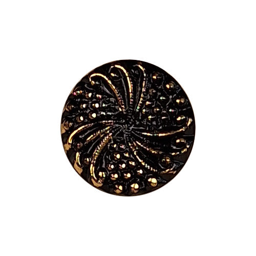Decorative black and gold round glass button with swirl design size 22L