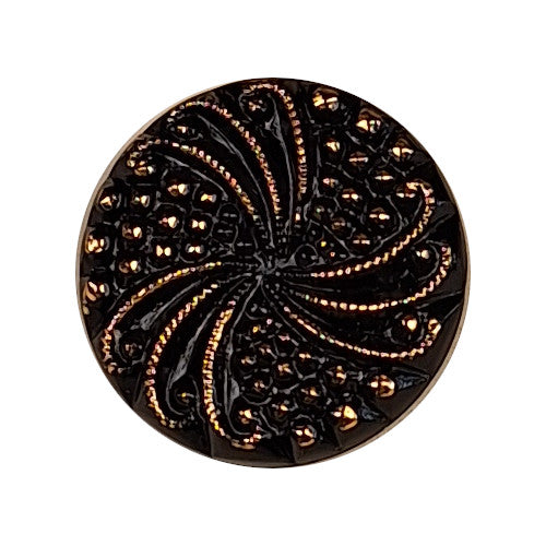 Decorative black and gold round glass button with swirl design size 28L