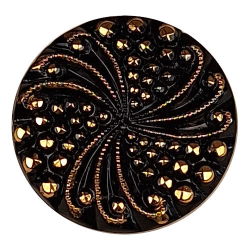 Decorative black and gold round glass button with swirl design size 36L