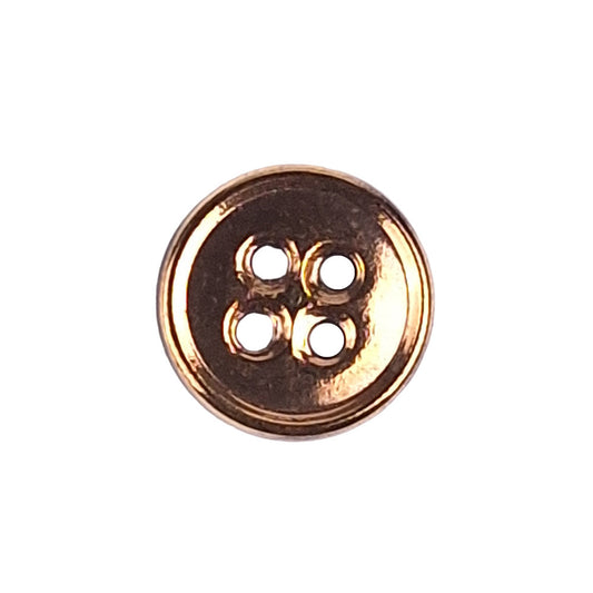 Gold metalized glass button with raised rim and 4-hole center, 11.4mm.