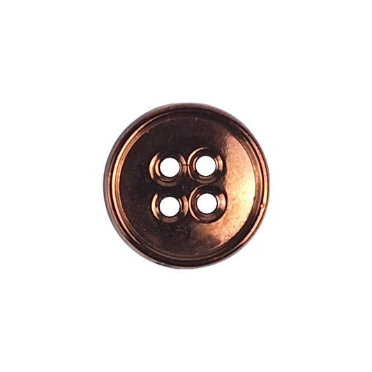 Copper metalized glass button with raised rim and 4-hole center, 11.4mm.