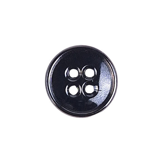 Gunmetal metalized glass button with raised rim and 4-hole center, 11.4mm.