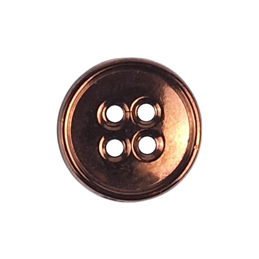 Copper metalized glass button with raised rim and 4-hole center, 14mm.
