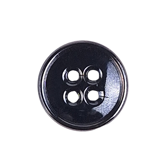 Gunmetal metalized glass button with raised rim and 4-hole center, 14mm.