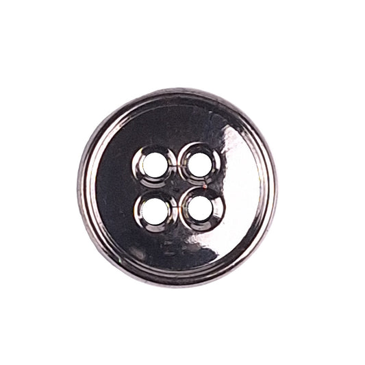 Silver metalized glass button with raised rim and 4-hole center, 14mm.
