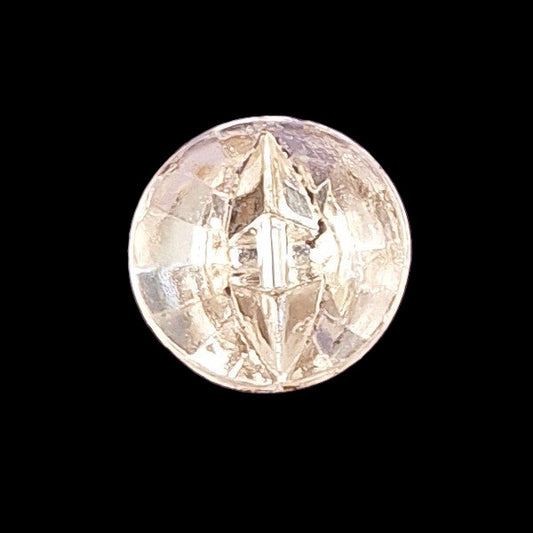 Clear glass button with a raised geometric starburst design and faceted surface, 14mm/22L.