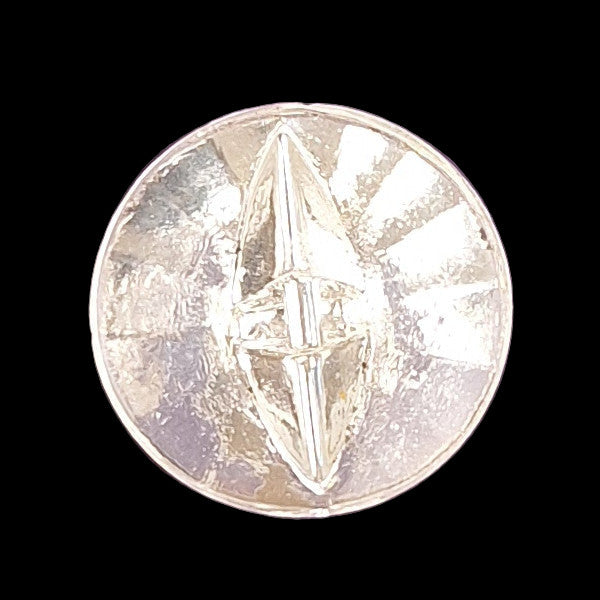 Clear glass button with a raised geometric starburst design and faceted surface, 14mm/22L.
