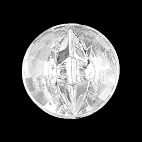 Clear glass button with a raised geometric starburst design and faceted surface, 18mm/28L.