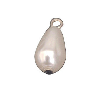 Pearlized 7×12 mm plastic drop with pin-shank attachment shown in angled view.