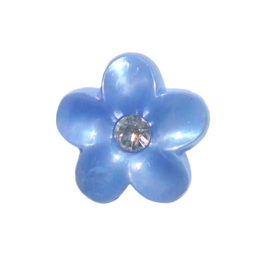Blue pearl plastic flower button with glossy  petals and clear rhinestone center, shown in full view.