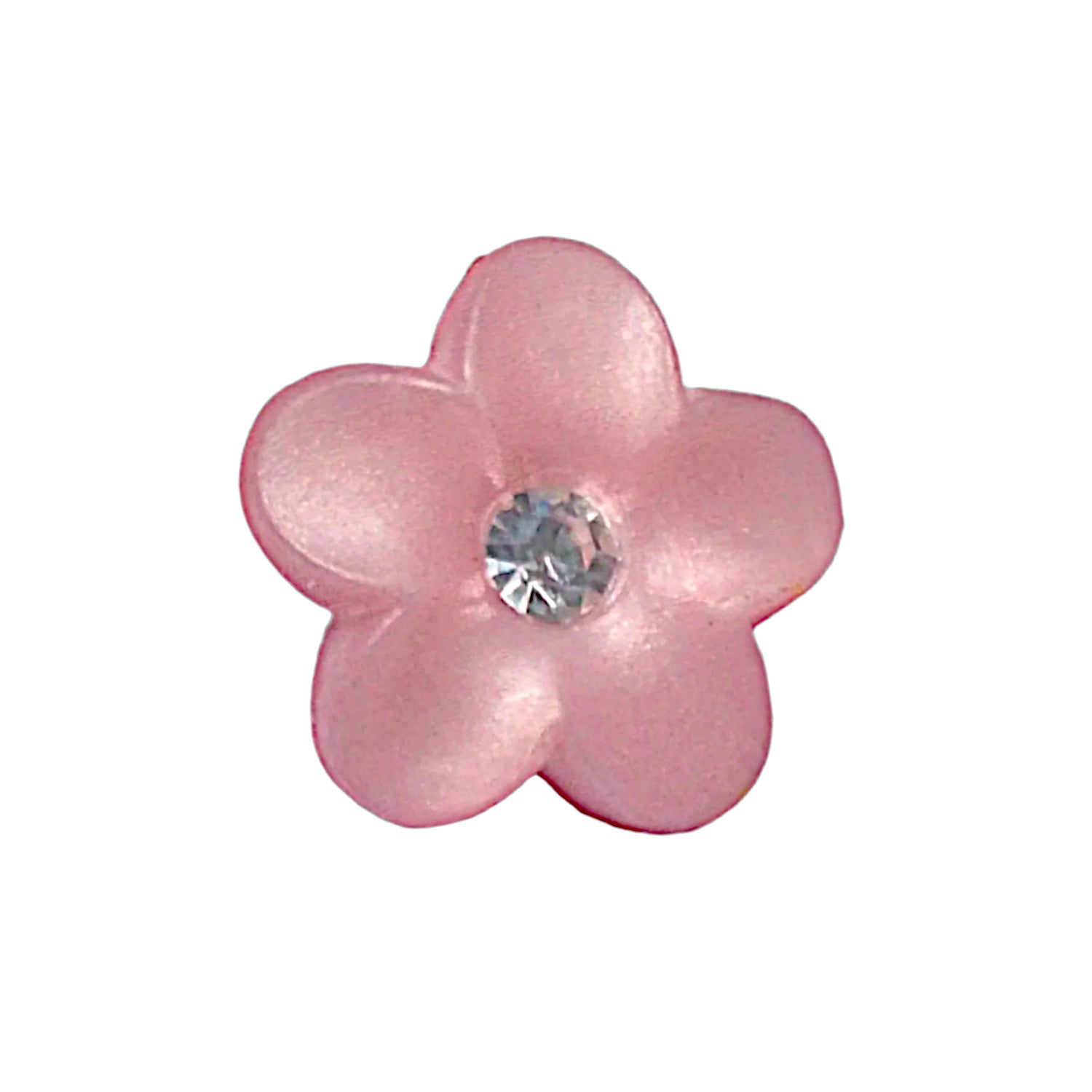 Dark pink plastic flower button with domed five-petal shape and clear rhinestone center, shown front facing.