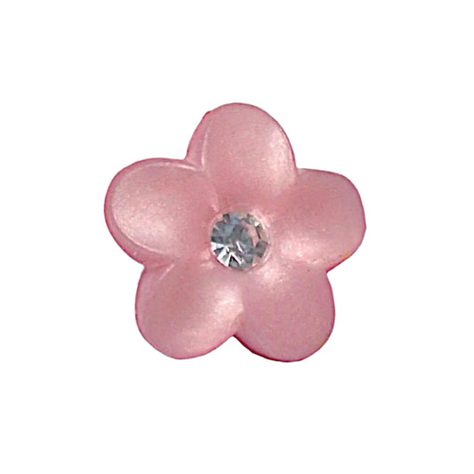 Dark pink plastic flower button with domed five-petal shape and clear rhinestone center, shown front facing.