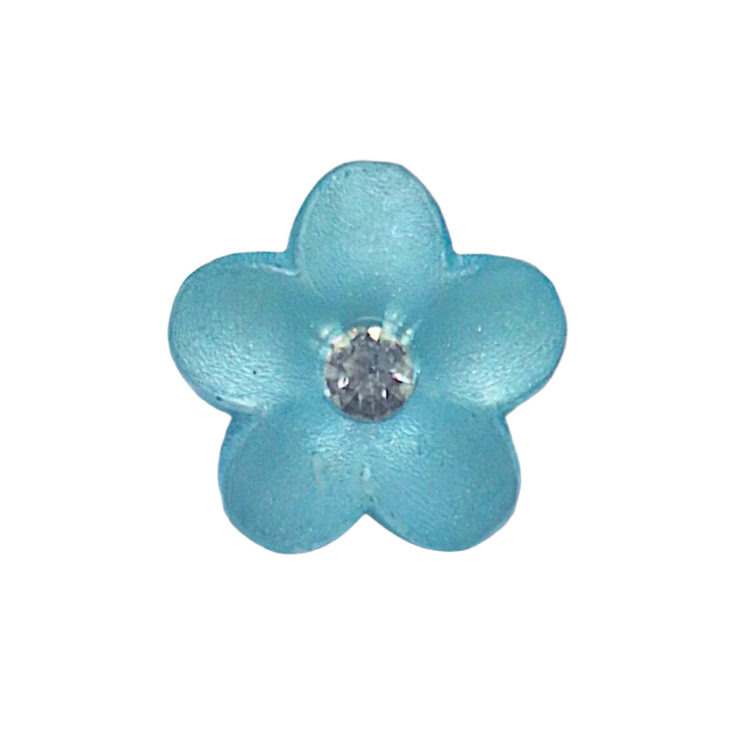 Teal plastic flower button with softly domed petals and clear rhinestone center, photographed from the front.