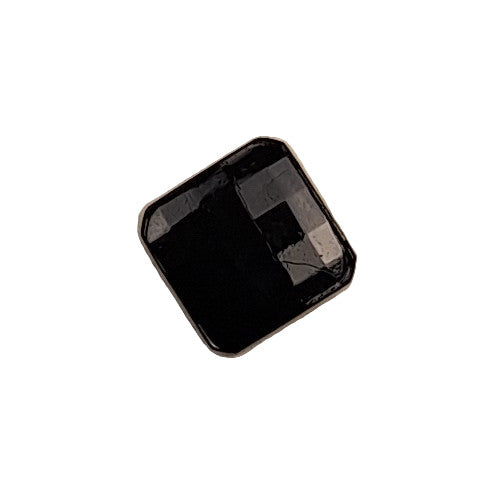 Black glass button, faceted square, 14mm