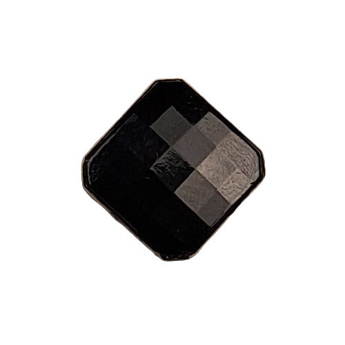 Black glass button, faceted square, 18mm