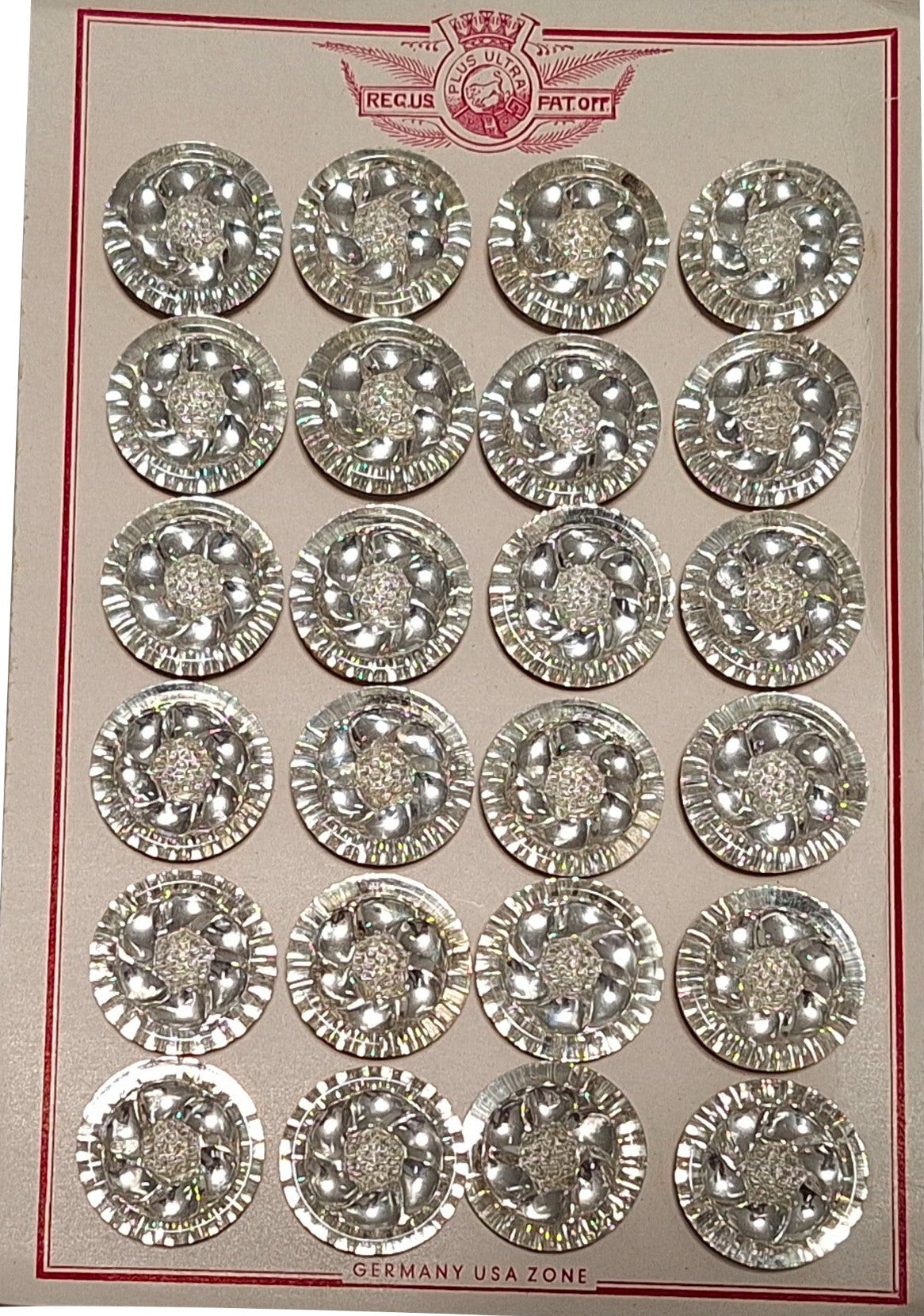Button card of 24 mirrored glass buttons with swirl design, 23mm