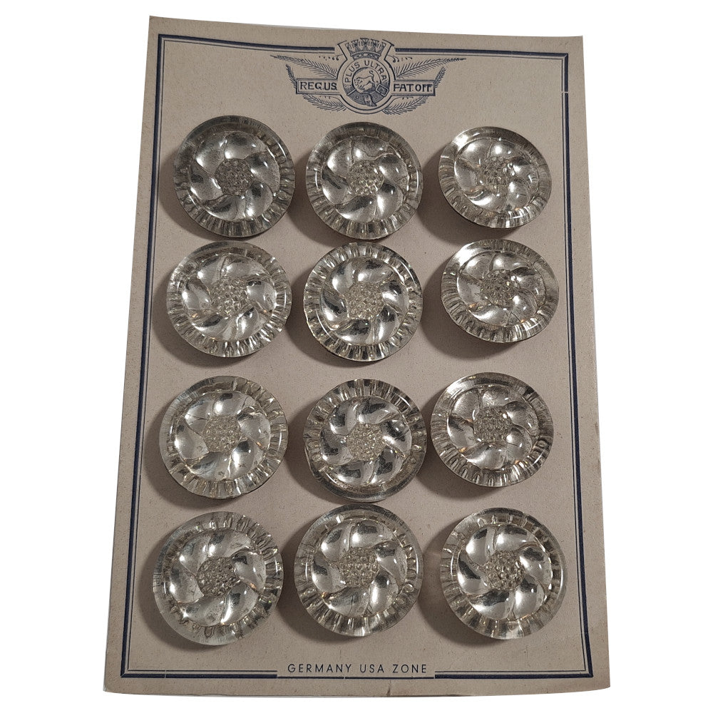 Button card of 12 mirrored glass buttons with swirl design, 29mm