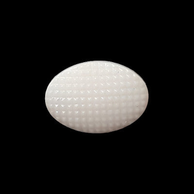 White glass shank button, oval shape with fine hatched surface texture, shown centered against a black background. 14mm/22L