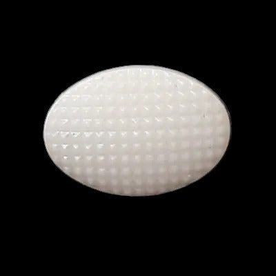 White glass shank button, oval shape with fine hatched surface texture, shown centered against a black background. 18mm/28L