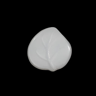 White opaline glass leaf-shaped button with raised molded features and shank back, 14mm.