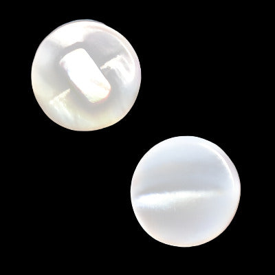 Front and back views of a white shell button with a carved bar shank, showing its smooth polished surface and natural shell variation on a textured grey background.
