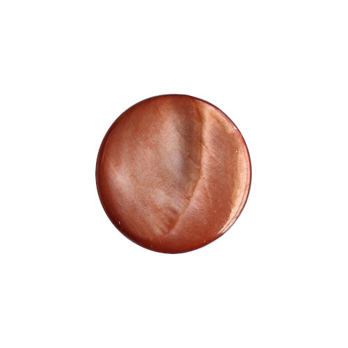 Front view of dark orange dyed Troca shell button with natural nacre reflection and a self-shank attachment, 11.4mm.