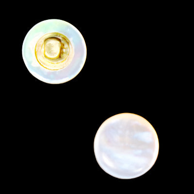 Front and back views of a mother-of-pearl shell button showing the iridescent surface and the metal shank attachment on a dark background.