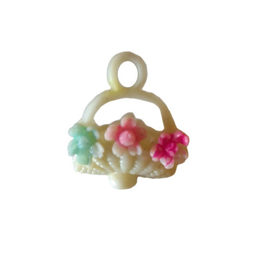White hand-painted plastic button shaped as a basket with pink flowers and green accents, metal shank, 12×14 mm size