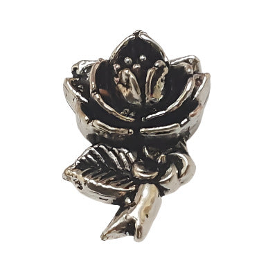 Antique silver metalized plastic flat back, left-facing stemmed rose, 12×18mm, vintage Japanese 1950s.