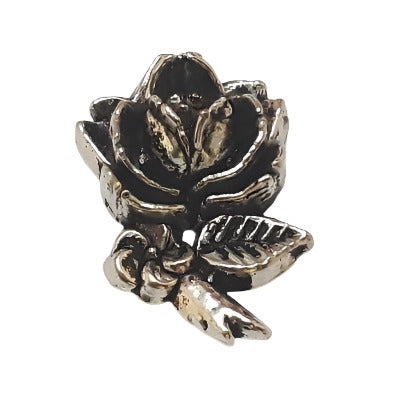 Antique silver metalized plastic flat back, right-facing stemmed rose, 12×18mm, vintage Japanese 1950s.