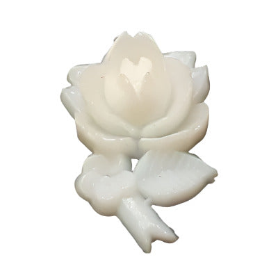 Hand-painted plastic flat back rose in white, right-facing, 12×18mm.
