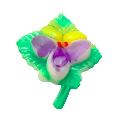 Hand-painted plastic flat back flower with purple petals and green leaves, left-facing, 17×19mm.