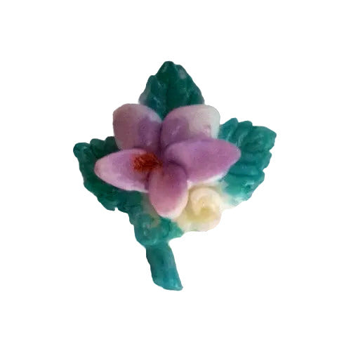 Hand-painted plastic flat back flower with purple petals and blue leaves, right-facing, 17×19mm.