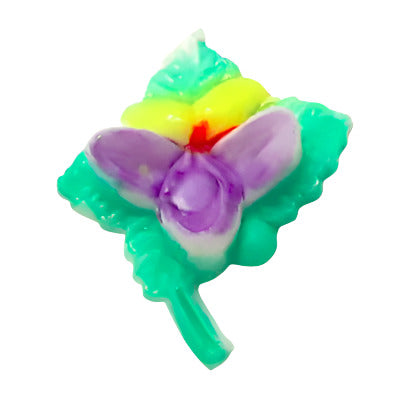 Hand-painted plastic flat back flower with purple petals and green leaves, right-facing, 17×19mm.