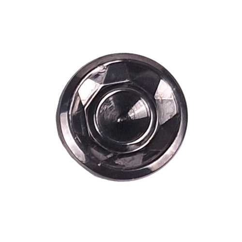 Gunmetal metalized glass button with a bowl-shaped recessed front, faceted interior walls, smooth center, shank back, 14mm.