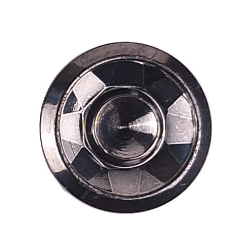 Gunmetal metalized glass button with a bowl-shaped recessed front, faceted interior walls, smooth center, shank back, 18mm.