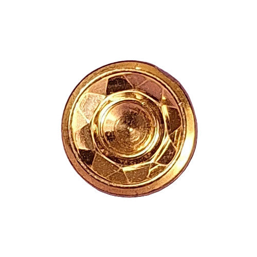 Gold metalized glass button with a bowl-shaped recessed front, faceted interior walls, smooth center, shank back, 14mm.