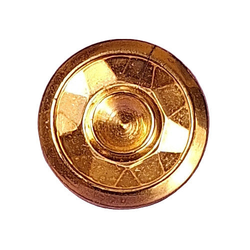 Gold metalized glass button with a bowl-shaped recessed front, faceted interior walls, smooth center, shank back, 18mm.